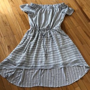 Off the shoulder, high low dress.